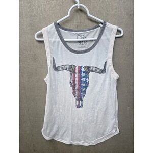 Chasor USA Womens Small White Tank Top Longhorn Skull‎ American Flag Graphic